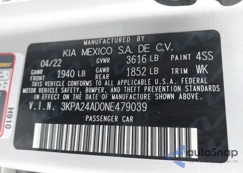 2022 Kia Rio Lx z USA, uszkodzony, nr VIN 3KPA24AD0NE479039